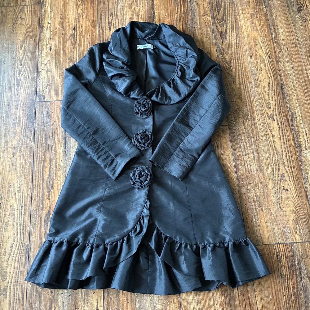 Unique Black Ruffle Trim Satin Top with Rosette Buttons – Med - Evening, Goth - Picture 10 of 13